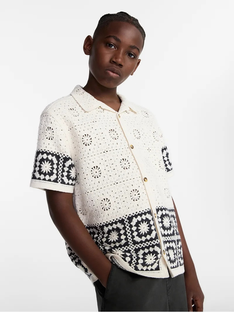 Weekend Academy Boys Crochet Button Shirt with Short Sleeves, Sizes 4-18 | Walmart (US)