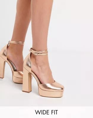 ASOS DESIGN Wide Fit Waterloo platform block heels in rose gold | ASOS US