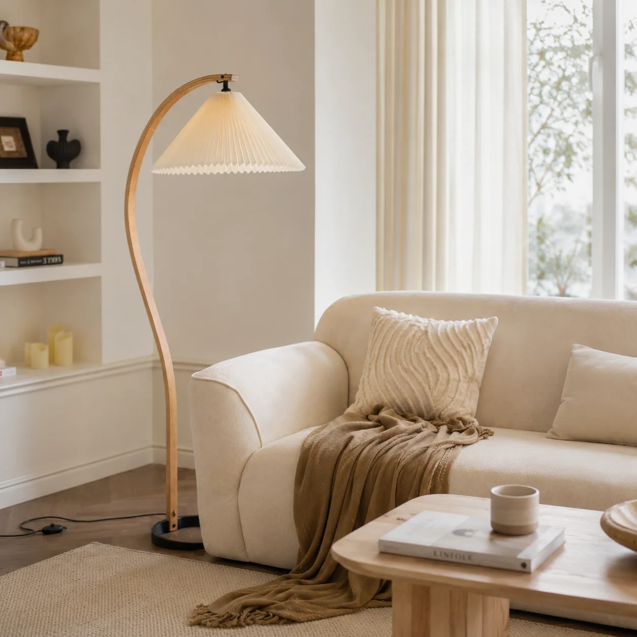 Arched Floor Lamp, Mid-Century Modern Curved Wood Tall Standing Light With Pleated Fabric Shade For Living Room & Bedroom | Wayfair North America