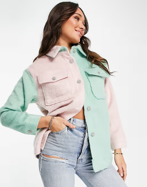 Neon Rose oversized shacket with jewel buttons in pastel colour block | ASOS (Global)