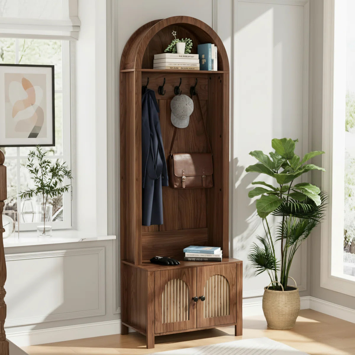 70.8-Inch Walnut Wood Arched Coat Rack With Bench And Shoe Rack, 4 Hooks, 2 Recessed Doors, Farmh... | Wayfair North America