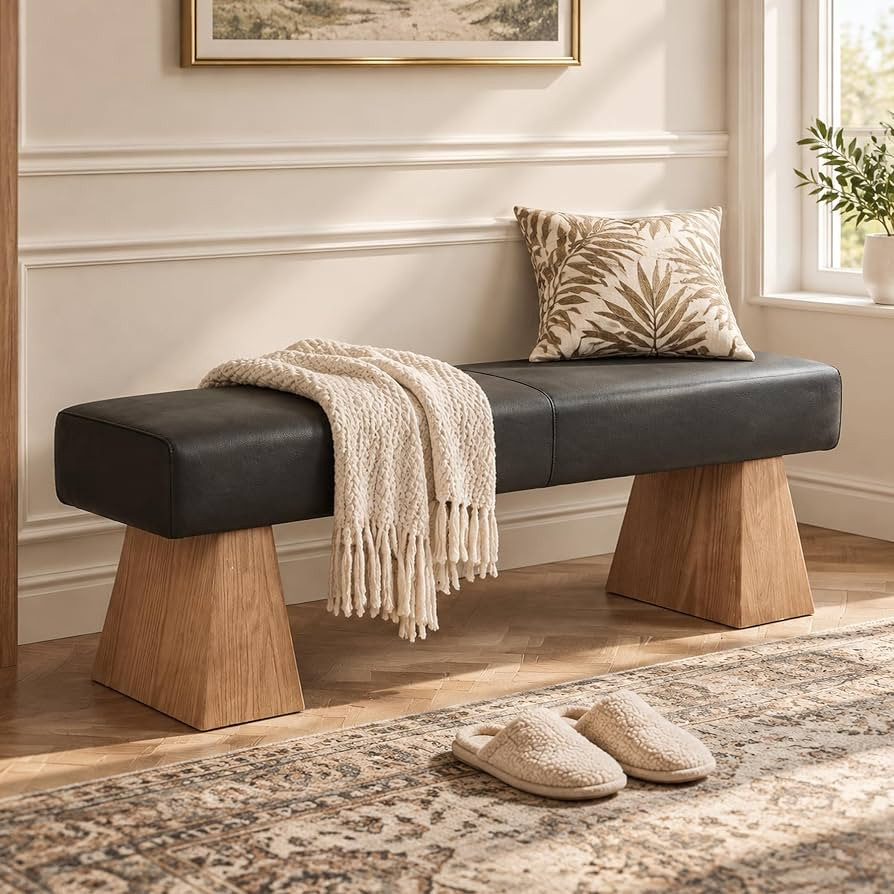 Tribesigns Upholstered Entryway Bench, 55.1" Black PU Leather Padded Bench with Solid Wood Tapere... | Amazon (US)