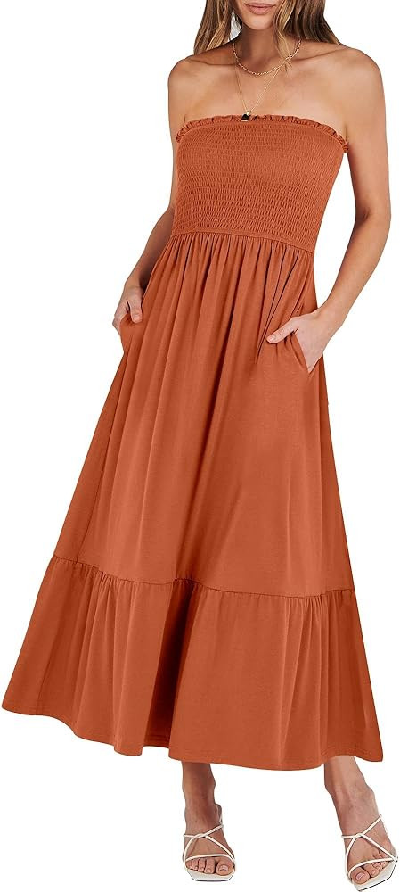 ANRABESS Women's Summer Strapless Smocked A-Line Fit Flare 2024 Fashion Boho Beach Party Long Max... | Amazon (US)