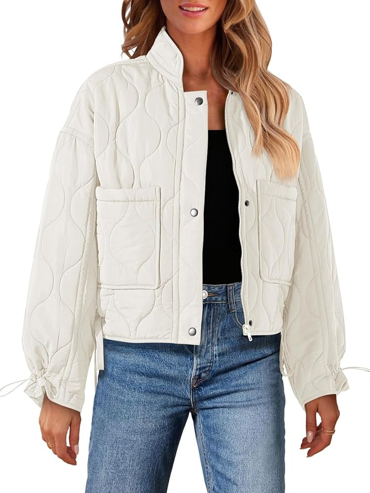 MEROKEETY Women's Cropped Zip-Up Bomber Jackets Warm Quilted Long Sleeve Stand Neck Winter Coats | Amazon (US)