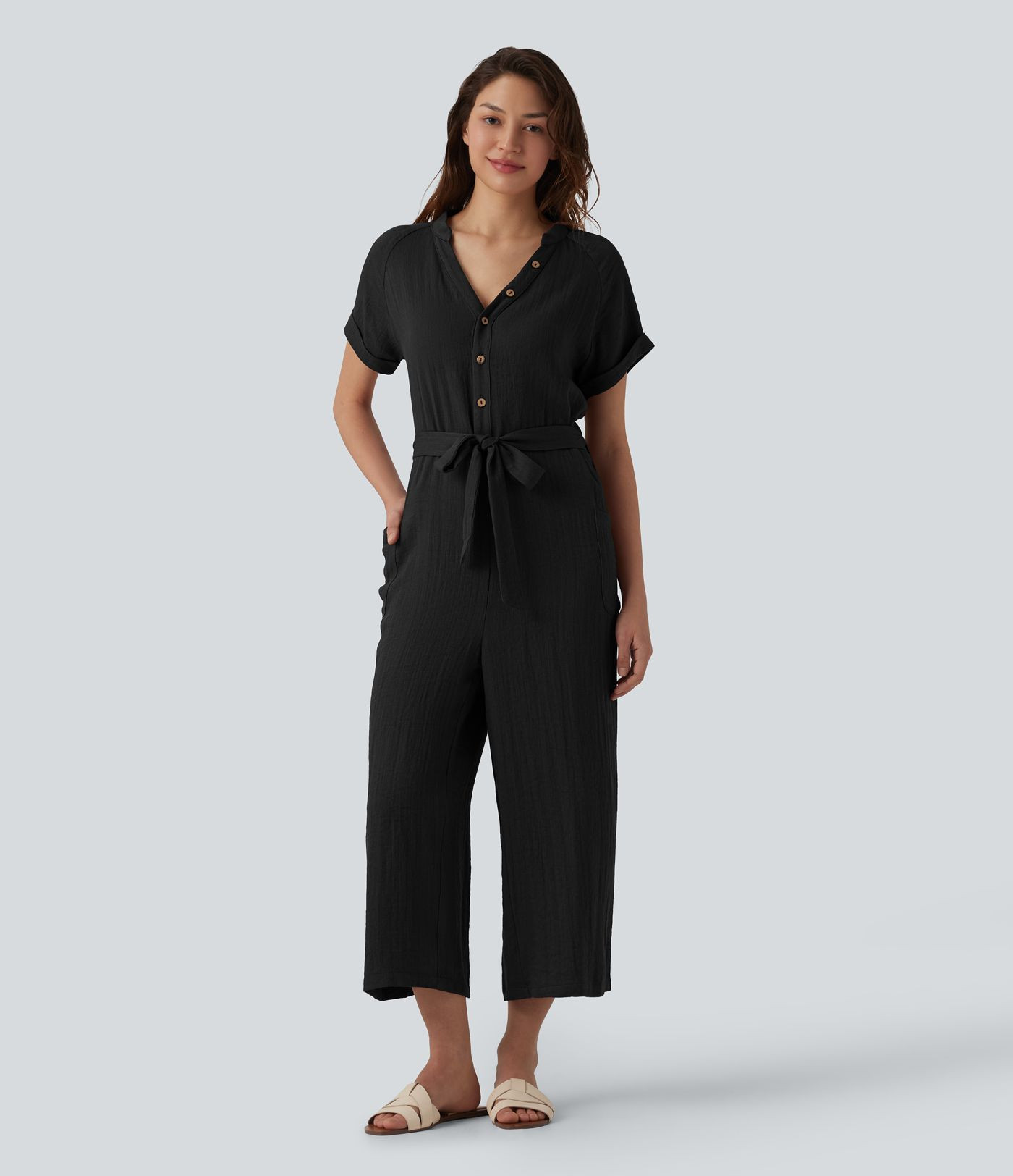 Women’s V-neck Short Sleeve Belted Cropped Casual Baggy Jumpsuit with Pockets - Halara | HALARA