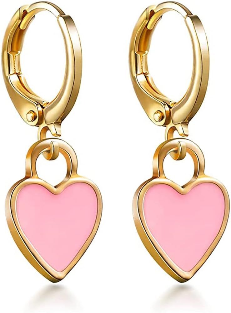 Preppy Earrings for Teen Girls Women Smile Face Heart Charms Pendants Gold Small Huggie Hoop Dang... | Amazon (US)