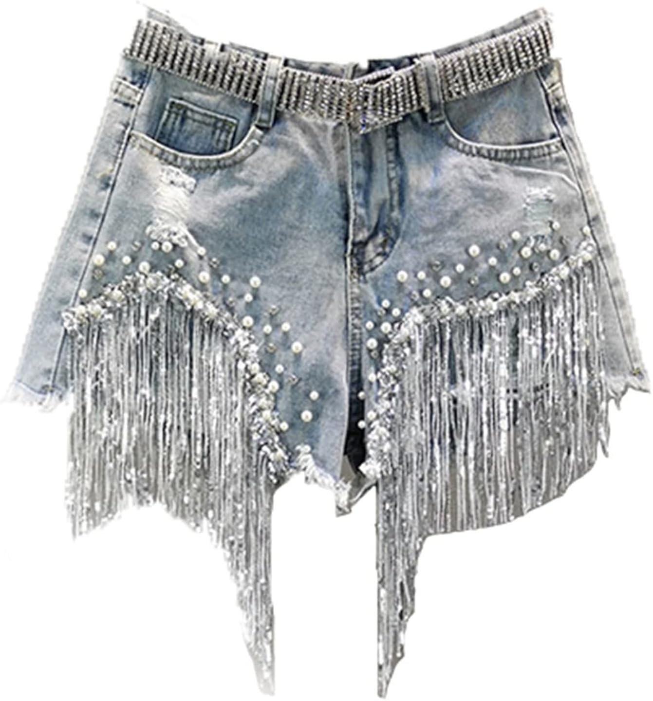 Summer High Waist Denim Shorts with Beaded Sequins and Fringed Ripped Leg Shorts | Amazon (US)