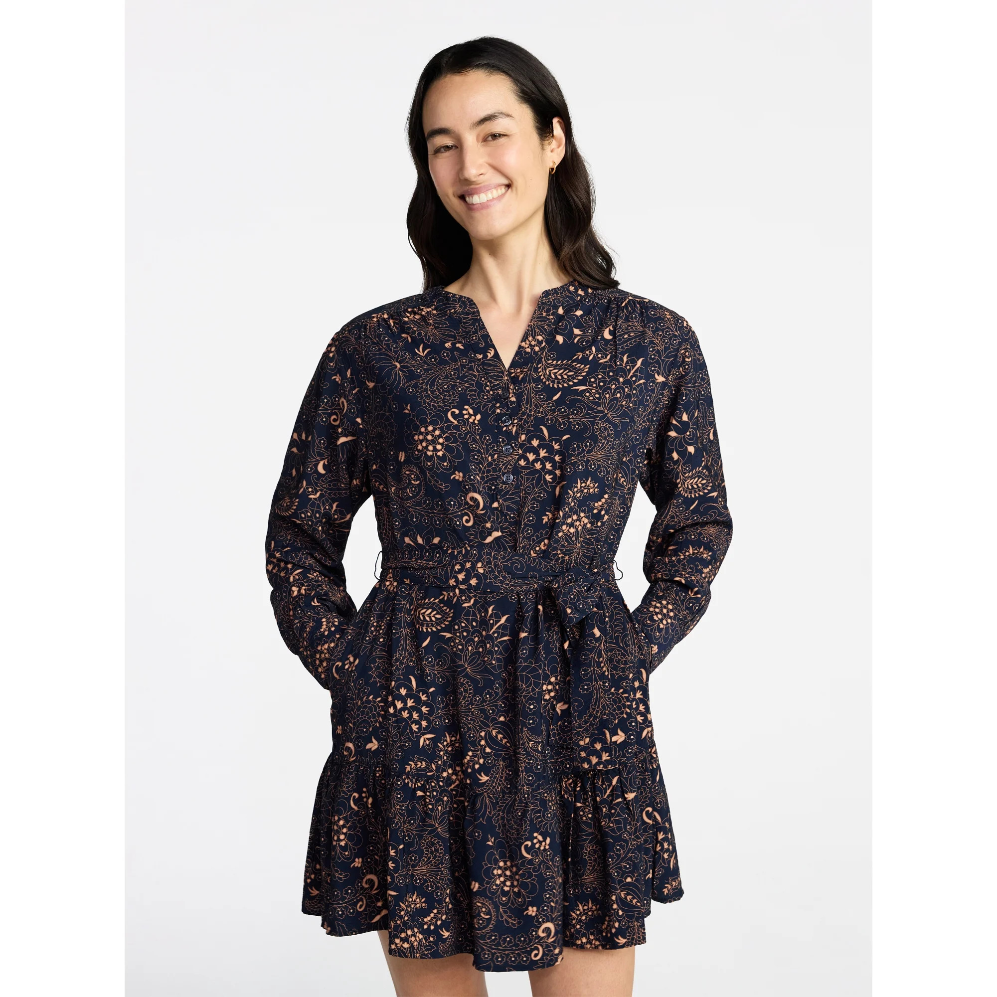 Time and Tru Women's Tiered Mini Dress with Long Sleeves, Sizes XS-XXXL | Walmart (US)