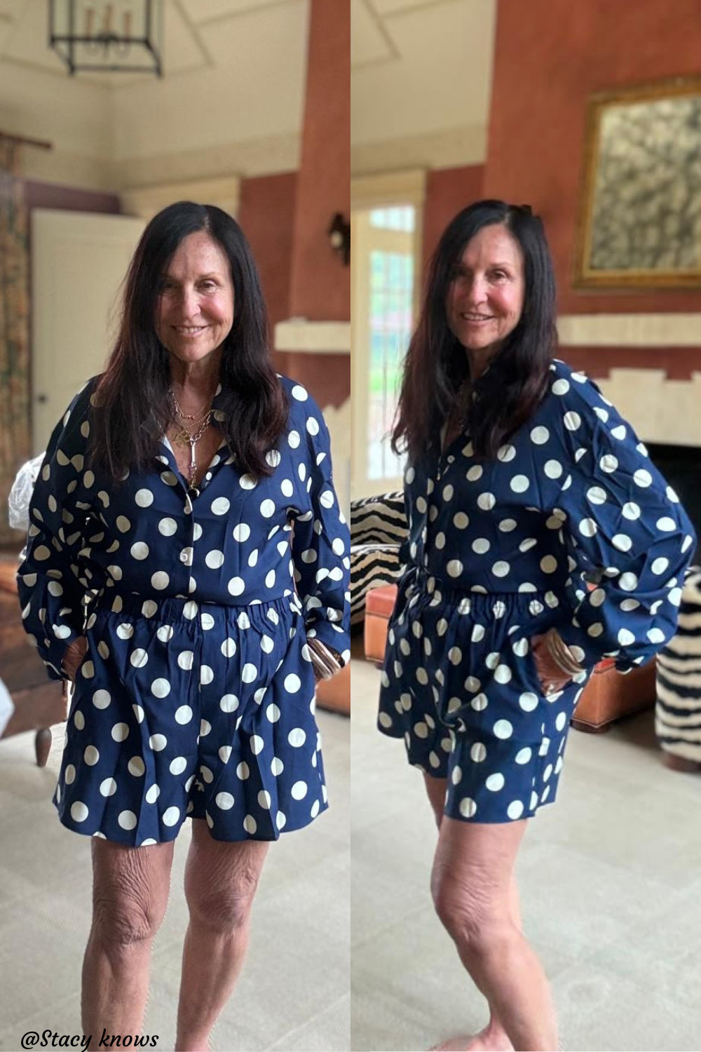 This navy blue polka dot two-piece set blends casual boho comfort with a classic, put-together look. Featuring a front-button long sleeve top and matching bottoms, it’s the ultimate transitional outfit for packing light and looking chic on your next getaway. Style it together or mix and match the pieces with your closet favorites.
#EmeryRose #TwoPieceSet #PolkaDotStyle #BohoChic #VacationOutfit #AutumnFashion #FallStyleInspo #CasualBoho #LTKunder50 #LTKtravel #LTKstyletip 

 #LTKootd #LTKSeasonal #LTKOver40