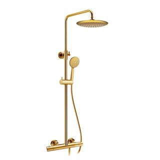 Downpour 5-Spray Patterns with 9.5 in. Wall Mount Rainfall Dual Shower Head in Brushed Gold | The Home Depot