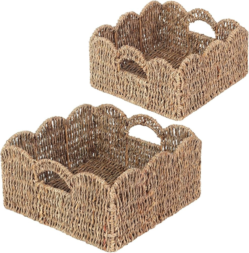 Scalloped Baskets (Natural-Set of 2) Seagrass Basket For Decor, Basket Living Room Organizer, Bat... | Amazon (US)