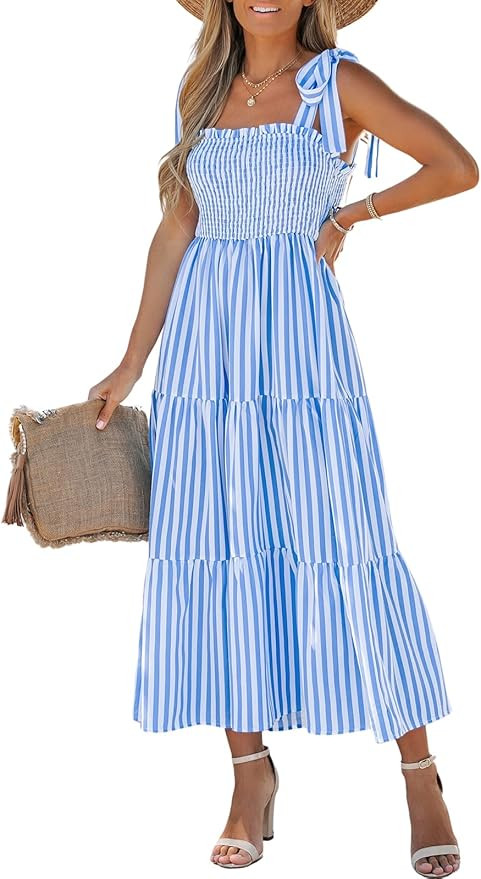 CUPSHE Women's Striped Smocked Tie Strap Dress Sleeveless Maxi Dresses Casual Summer | Amazon (US)