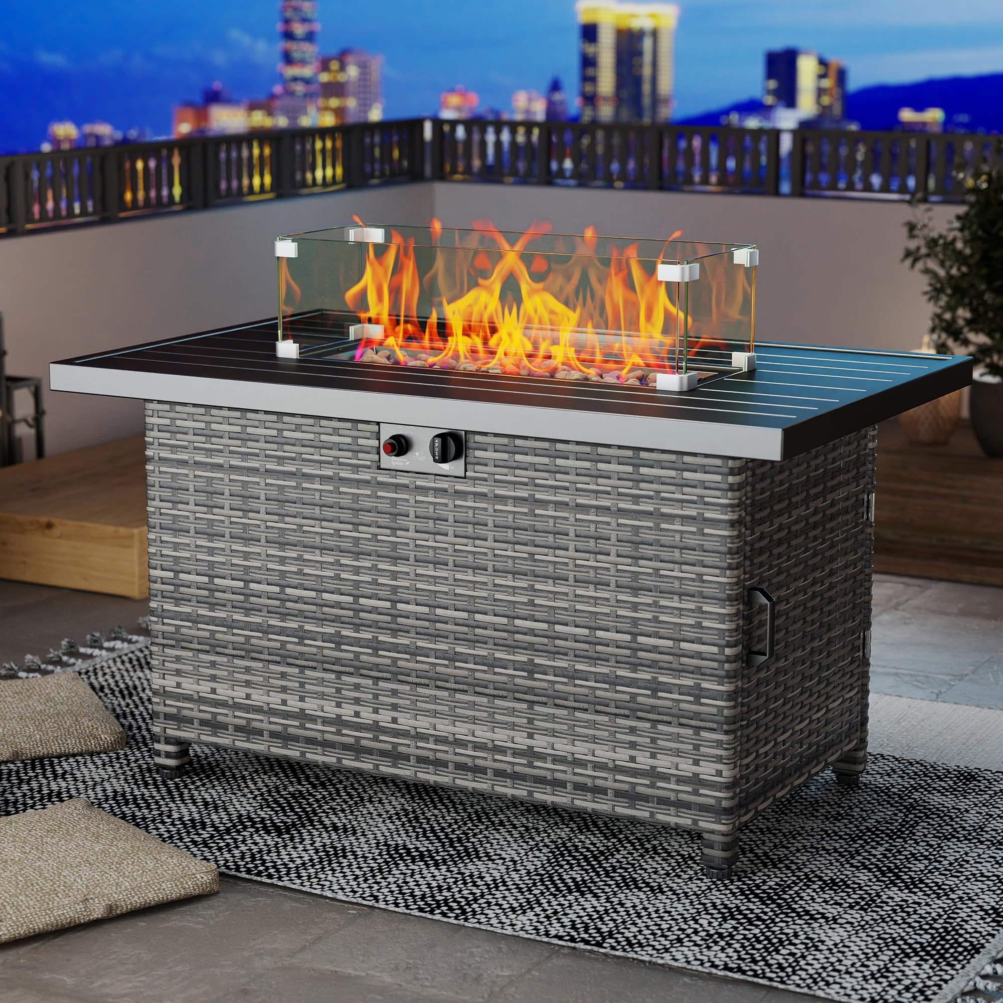 LHBcraft 44 Inch Propane Fire Pit, 50000 BTU Fire Pit Table with Glass Wind Guard and Lid, Gas Fi... | Amazon (US)