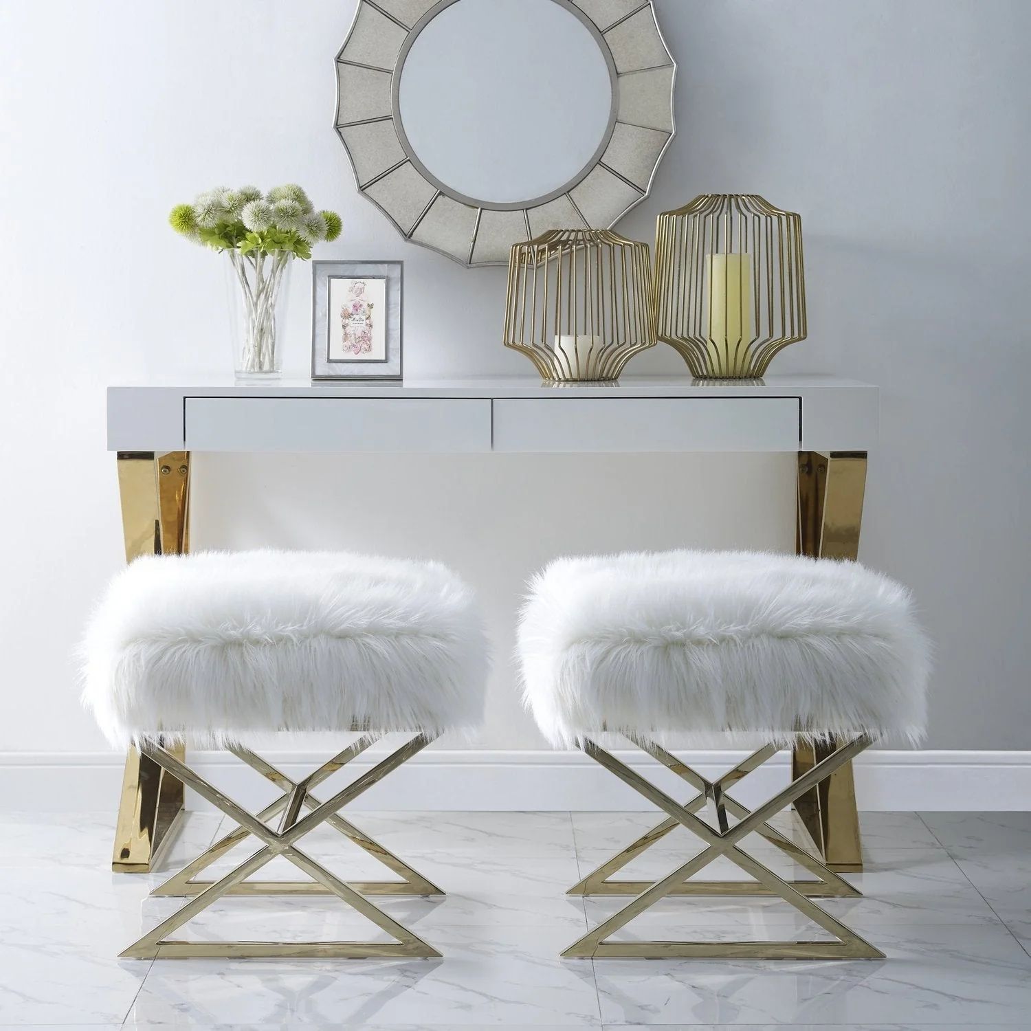 Aurora Faux Fur X-Leg Ottoman | Inspired Home