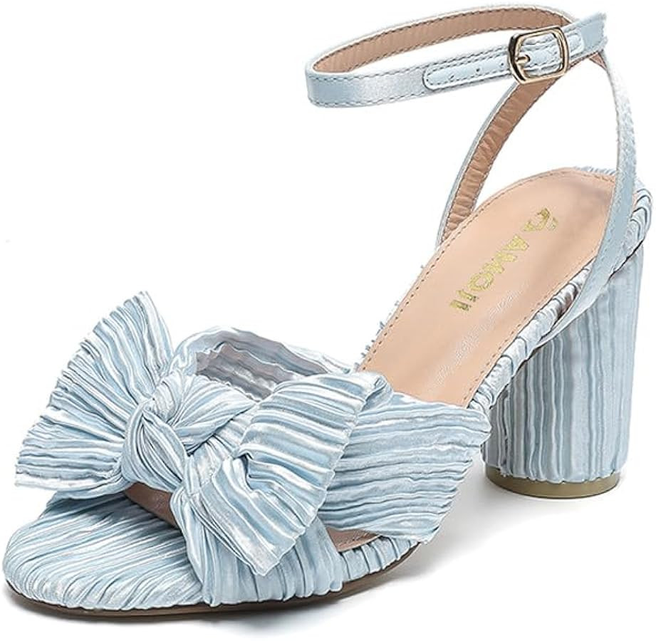 Amoji Women's Satin Block Heeled 3 Inch-4 Inch Sandal Bowknot Pleated Ankle Strap for Wedding Par... | Amazon (US)
