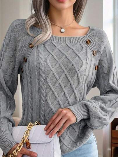 Women'S Soft Stretchy Cable Sweater -Layering & Standalone Top With Boat Neck & Shoulder Button Accent, Vibrant Red Solid Color, Round Neck Pullover For Casual & Semi-Formal Wear, Versatile Sweater For Women (Clothing) Workout Tops Ski Outfit Women Women's Winter Clothing Of Women's Winter Clothing Women's Winter Fashion Women's Winter Promotion Of Women's Winter Clothing Christmas Halloween Christmas Gift | SHEIN