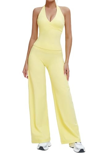 Amazon.com: Meyeeka 2 Piece Workout Sets for Women Halter V Neck Padded Tank Tops Matching Straig... | Amazon (US)