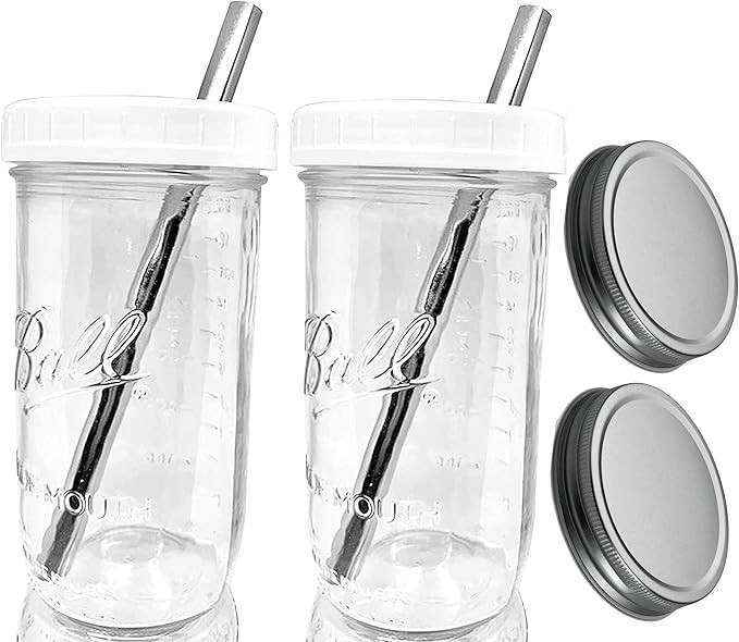 Reusable Boba Bubble Smoothie Cup Wide Mouth Glass Ball Mason Jar with Extra Wide STAINLESS STEEL... | Amazon (US)