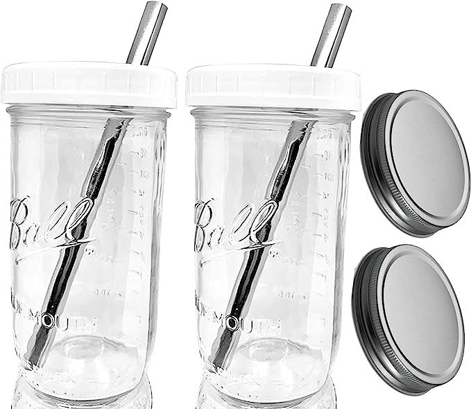 Reusable Boba Bubble Smoothie Cup Wide Mouth Glass Ball Mason Jar with Extra Wide STAINLESS STEEL... | Amazon (US)