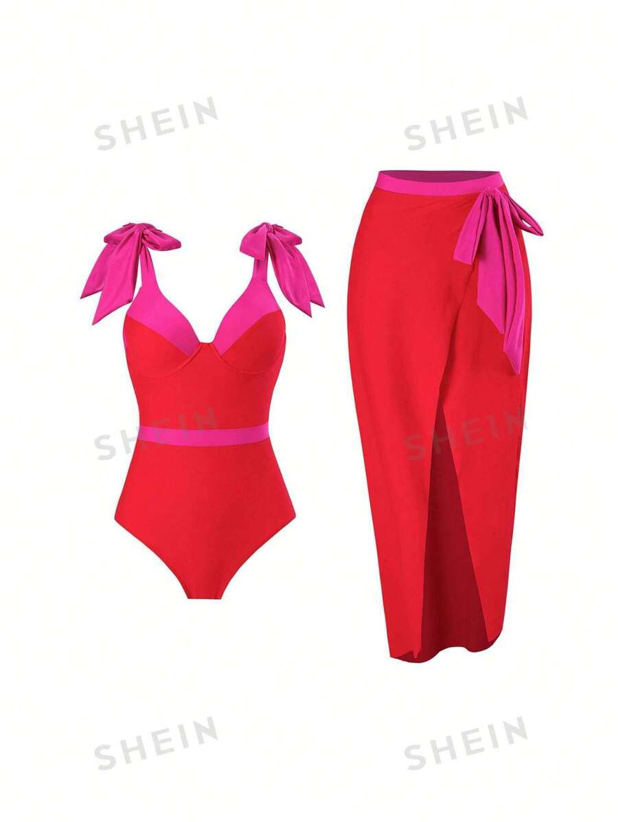 2023 New European And American Retro Color Blocking Conservative One Piece Thermal Spring Swimsui... | SHEIN