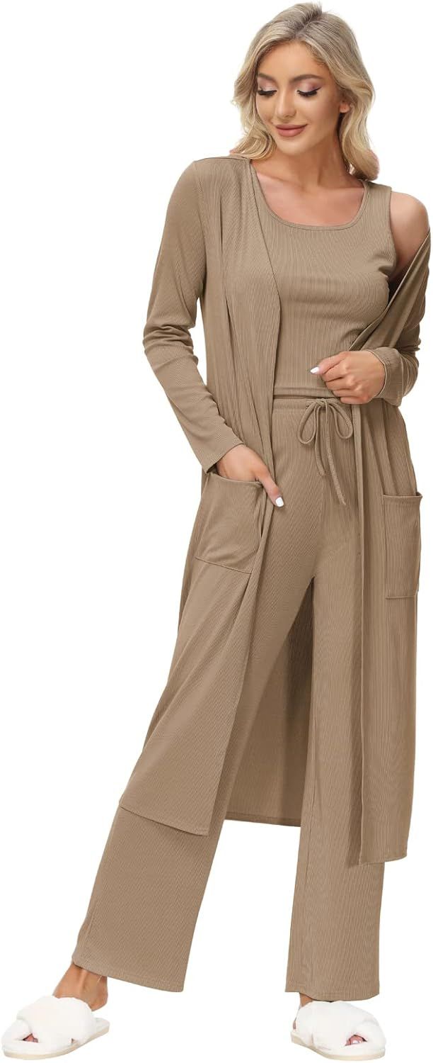 GRACE KARIN Womens 3 Piece Loungewear Set Crop Vest High Waist Shorts and Long Cardigan Pajamas S... | Amazon (US)