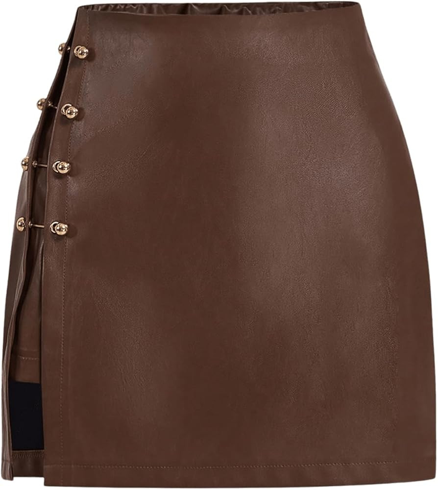 WDIRARA Women's Side Slit Metallic Trim High Waisted Faux Leather Short Skirts | Amazon (US)