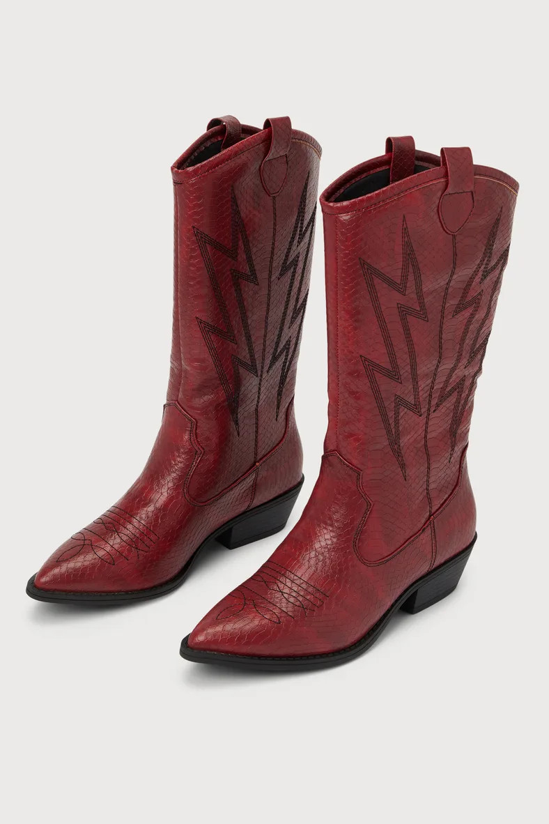Josea Red Snake-Embossed Pointed-Toe Western Boots | Lulus (US)