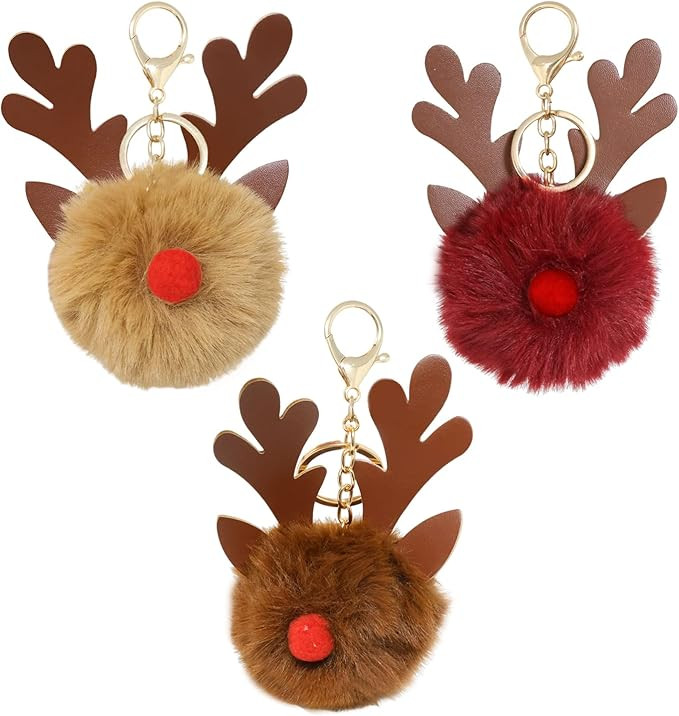 Honbay 3PCS Christmas Deer Keychains Reindeer Pom Pom Keyrings Animal Bag Key Pendant Keyfob for ... | Amazon (US)