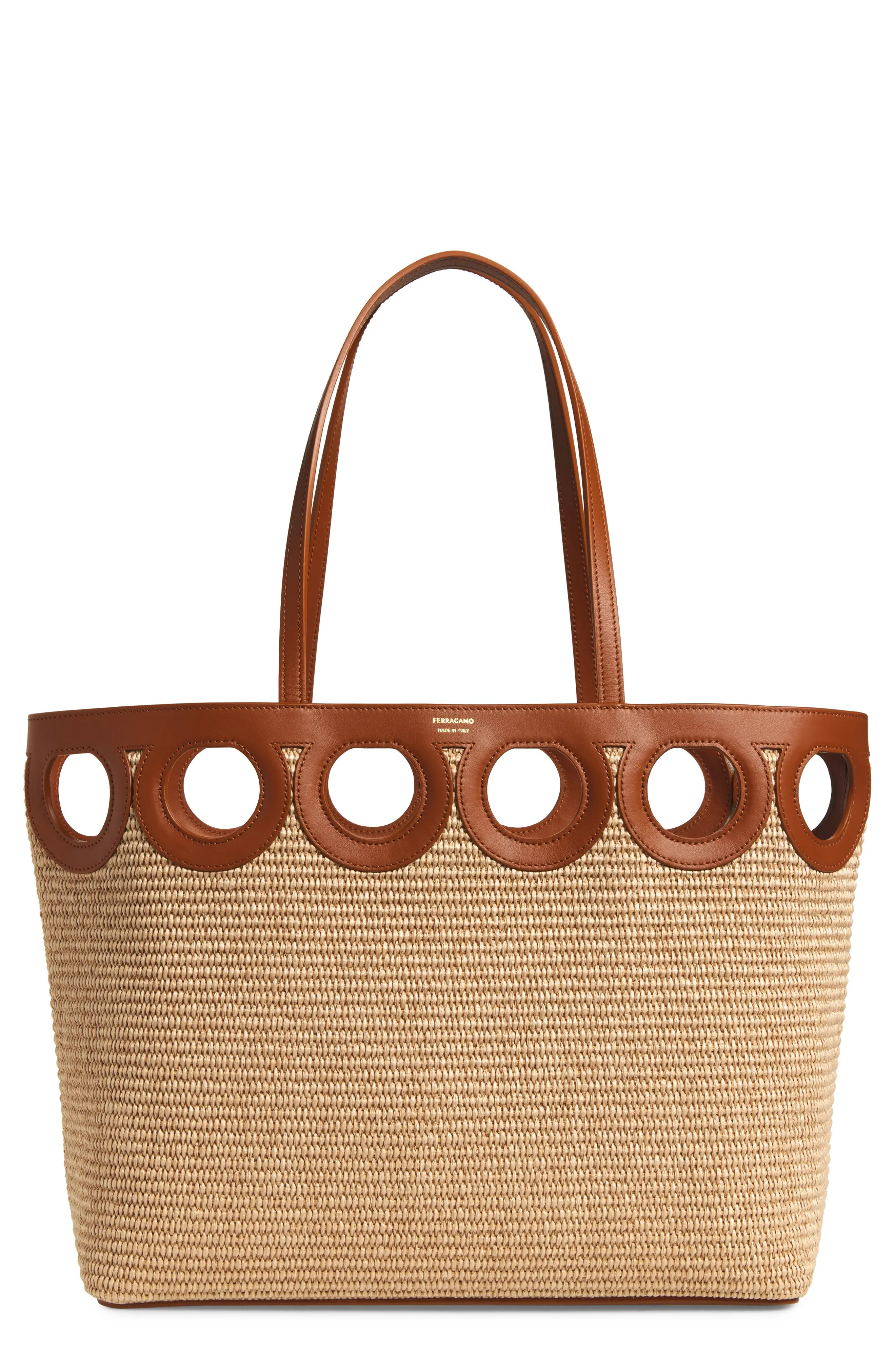 Medium Gancini Frame Perforated Raffia & Leather Tote (Women) | Nordstrom | Nordstrom