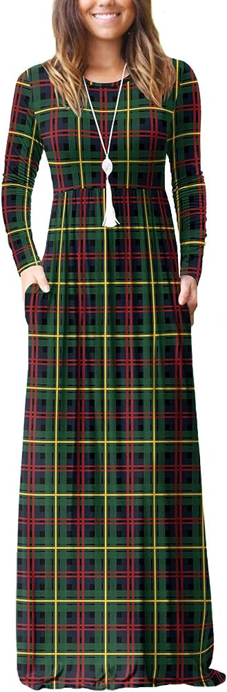 VIISHOW Women's Long Sleeve Green Plaid Dress Maxi Plaid Dress Outfit Fall Maxi Dress Fall Winter | Amazon (US)