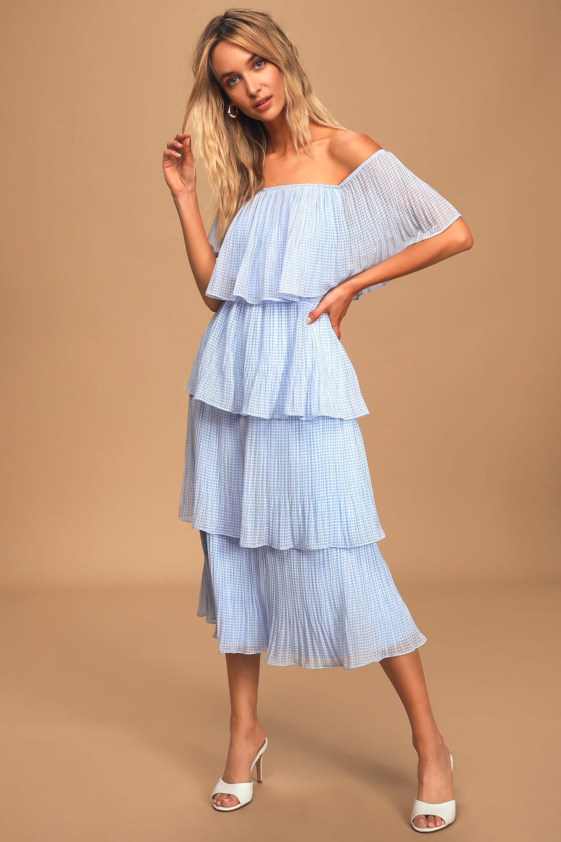 Gala Ready Light Blue Gingham Off-the-Shoulder Ruffle Midi Dress | Lulus