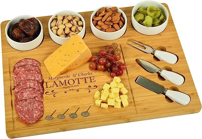 Custom Personalized Engraved Bamboo Cutting Board for Cheese & Charcuterie with 4 Ceramic Bowls, ... | Amazon (US)