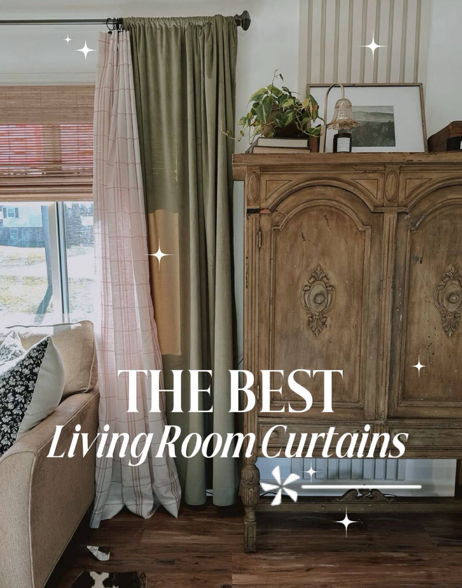 The best living room curtains | velvet | olive green | vintage | blinded | home decor | frame | chair | pillows