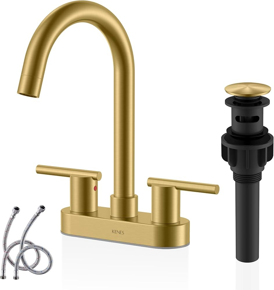KENES Brushed Gold 4 Inch 2 Handle Centerset Bathroom Faucet, 3 Hole Gold Bathroom Sink Faucet, w... | Amazon (US)
