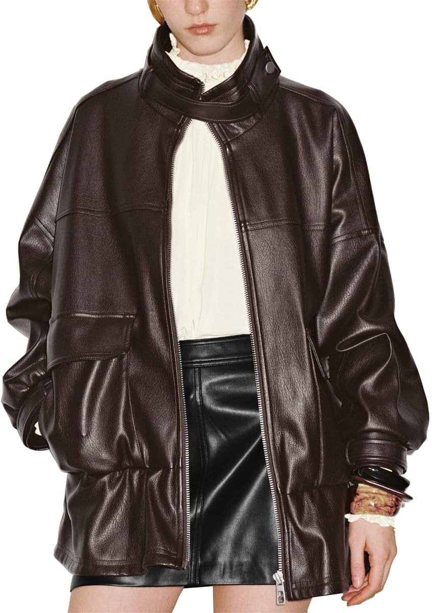 URBAN REVIVO Brown Stand Collar Faux Leather Jacket, Motostyle with Adjustable Cuff, Flexible & Windproof | Amazon (US)