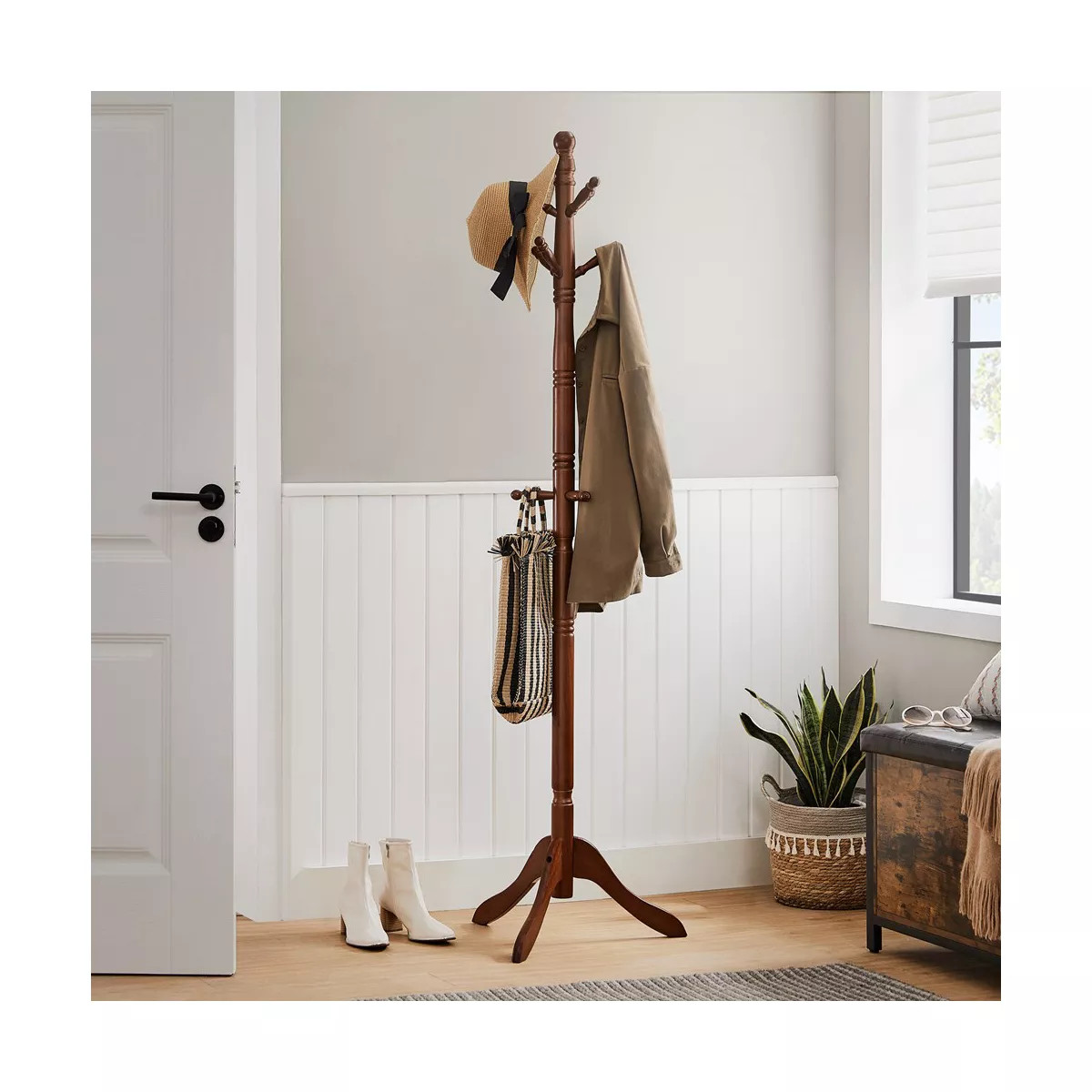Free Standing Coat Rack Stand - Solid Wood Hall Tree with 10 Hooks, Dark Walnut Finish for Entryw... | Target