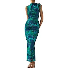 PRETTYGARDEN Women's Summer Maxi Floral Dresses Ruched Bodycon Sleeveless Mesh Formal Wedding Gue... | Amazon (US)