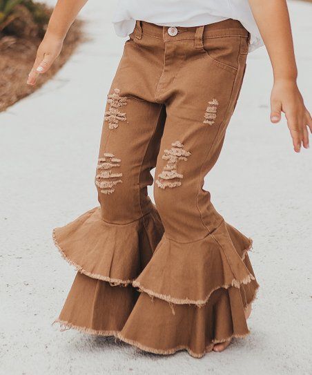 Khaki Ruffle Bell-Bottom Jeans - Girls | Zulily