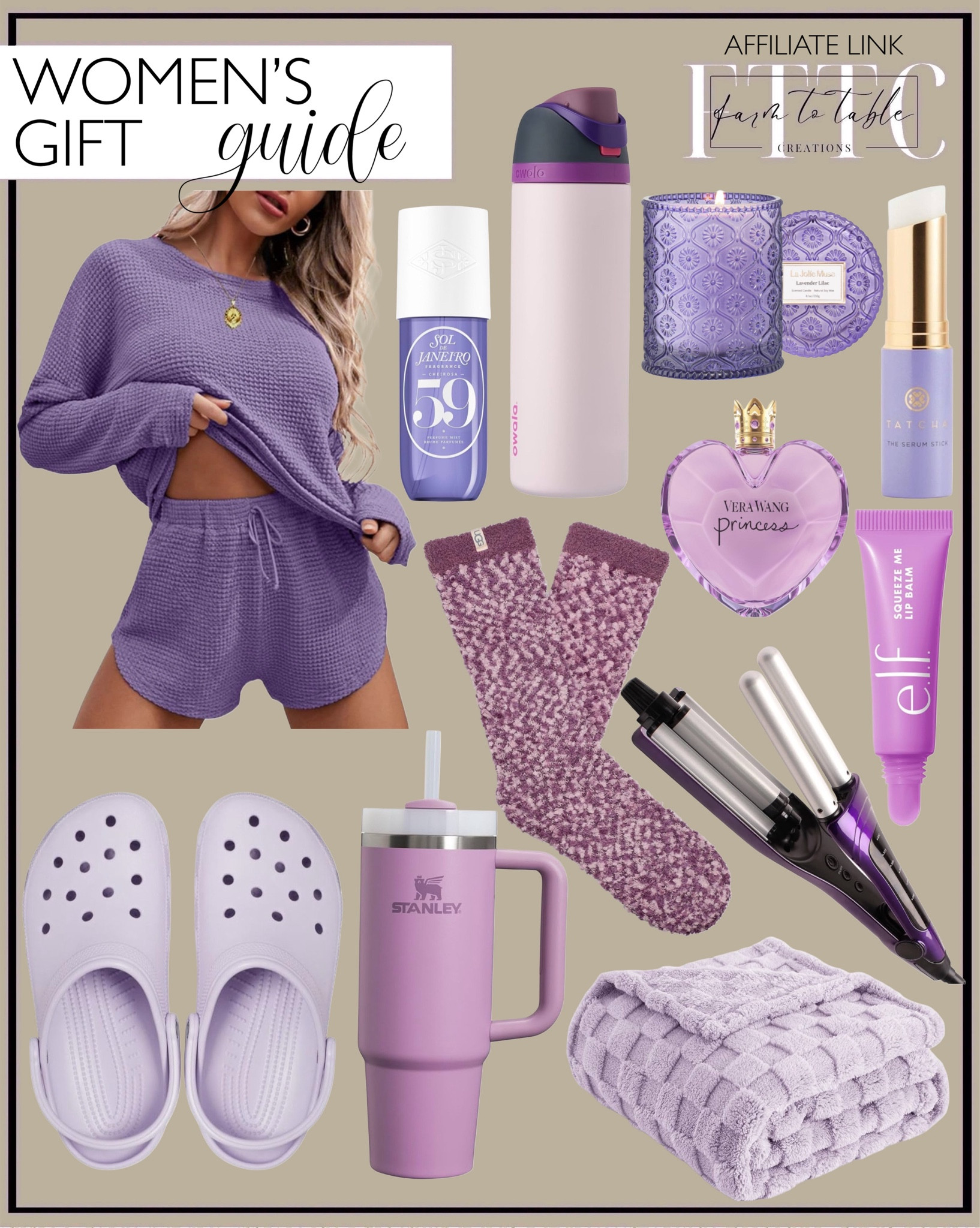 Woman’s Gift Guide. Follow @farmtotablecreations on Instagram for more inspiration.

Waffle Knit Pajama Set. Insulated Water Bottle. Hair & Body fragrance. UGG Women's Cozy Chenille Sock. e.l.f. Squeeze Me Lip Balm. Stanley Quencher H2.0 FlowState Stainless Steel Vacuum Insulated Tumbler. Bedsure Cozy Blanket. Crocs Clogs.  
Bed Head Hair Waver. Vera Wang Princess Eau de Toilette Spray, Vanilla. Lavender candle. Tatcha serum stick. 

Gifts for her. Christmas gifts for women. Holiday gifts. Stocking Stuffers. Gift Guide for Mom. Gifts for sister. 