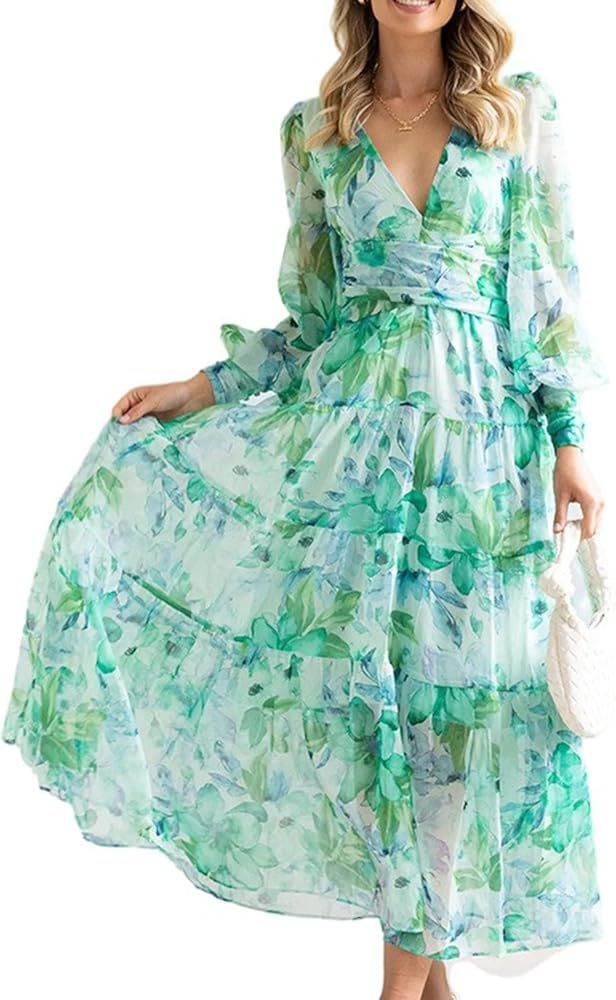Women's Summer Long Sleeve Dress V Neck Casual Print Floral Bohemian Flowy Sexy Slim Fit Maxi Dre... | Amazon (US)