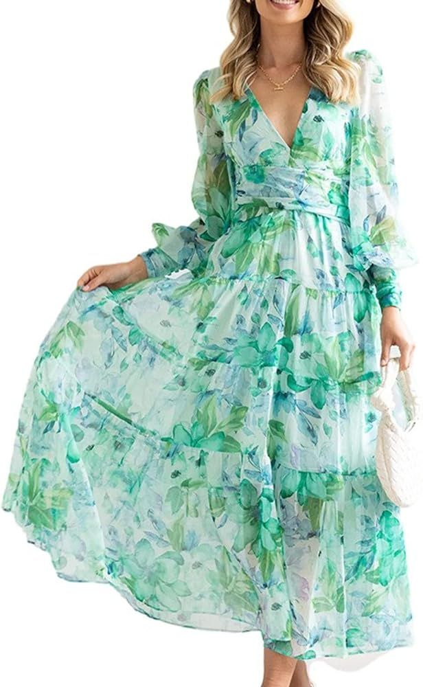 Women's Summer Long Sleeve Dress V Neck Casual Print Floral Bohemian Flowy Sexy Slim Fit Maxi Dre... | Amazon (US)