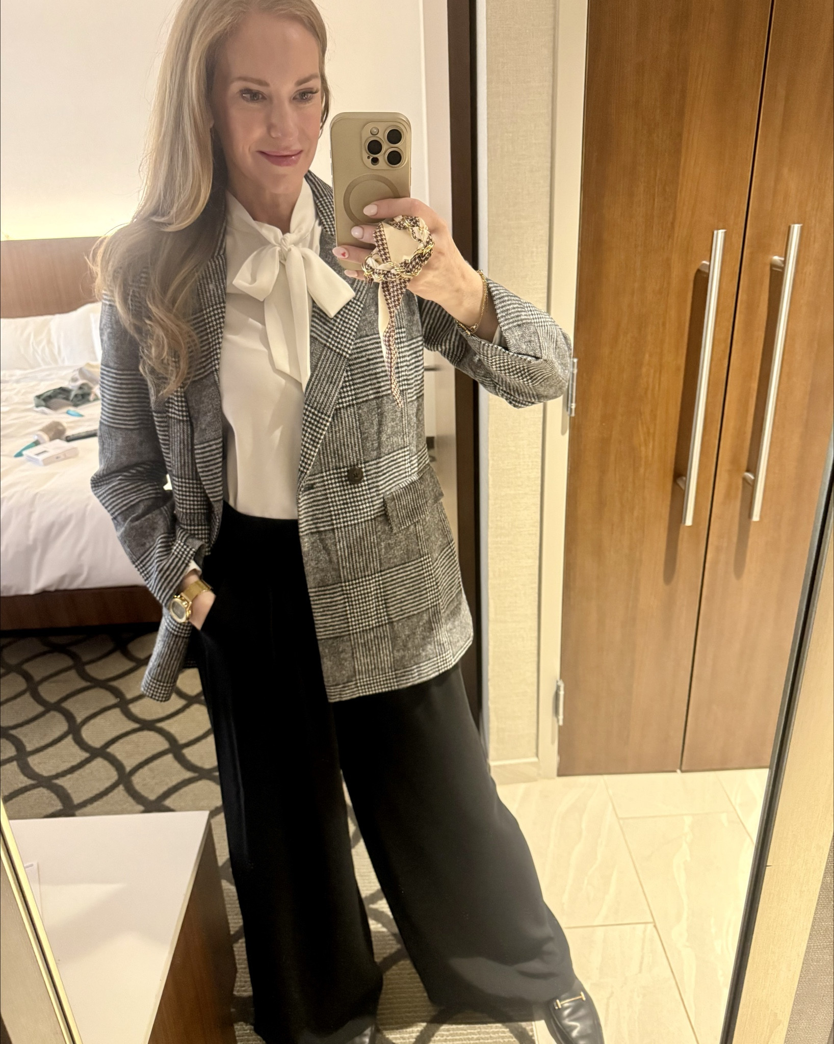 My entire outfit today is from Amazon and looks so classy! 
Favorite black trousers that come in lengths. Favorite tie blouse bodysuit that comes in lots of colors. New favorite plaid soft oversized blazer that I’ll be wearing a ton! 
S long - pants 
S top 
M blazer 

#LTKWorkwear #LTKOver40 #LTKootd