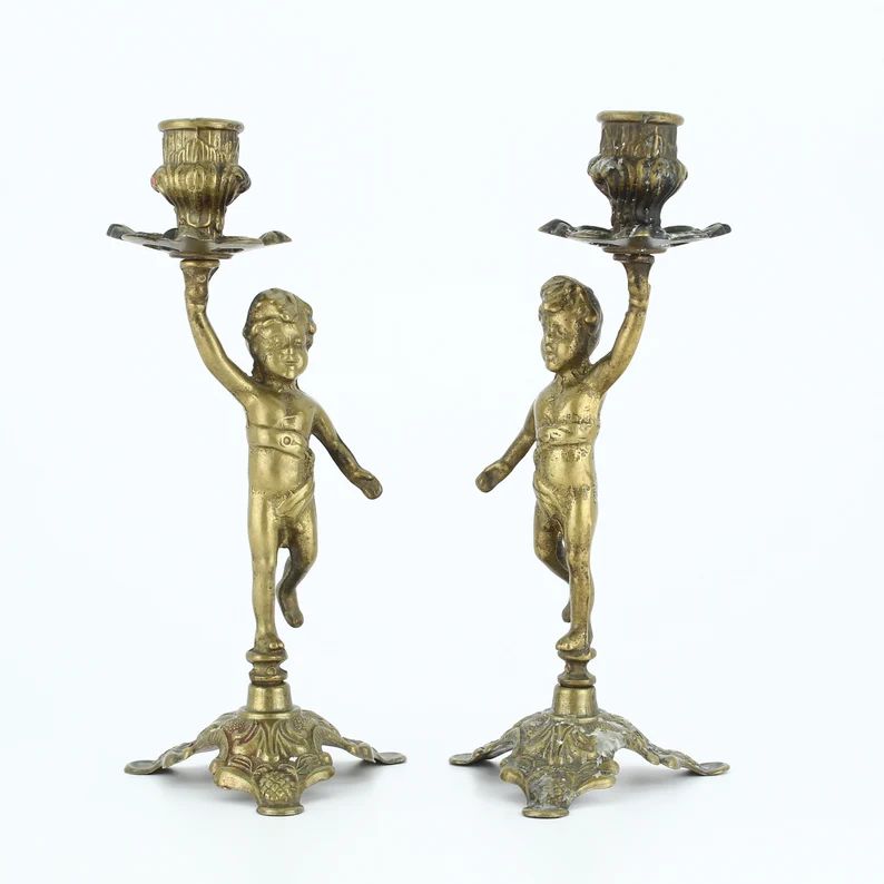 Pair of Vintage Brass Cherub Candlestick Holders - Beautiful Mid Century Brass Home Decor - Gift ... | Etsy (CAD)