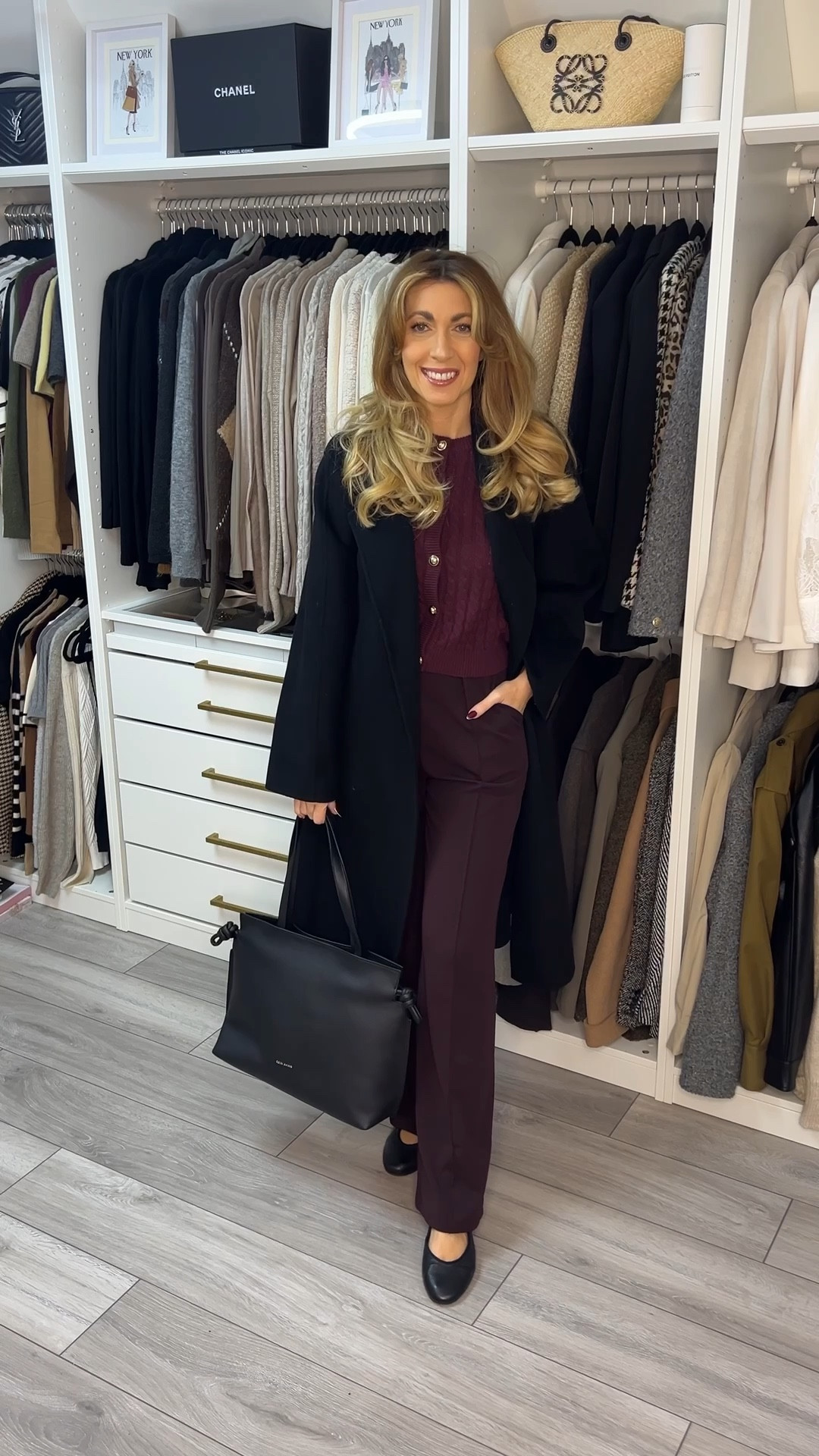 Office outfit, burgundy trousers, burgundy cardigan, black coat, work bag, leather bag, Mary Jane shoes, 

#LTKshoes #LTKworkwear #LTKwinter