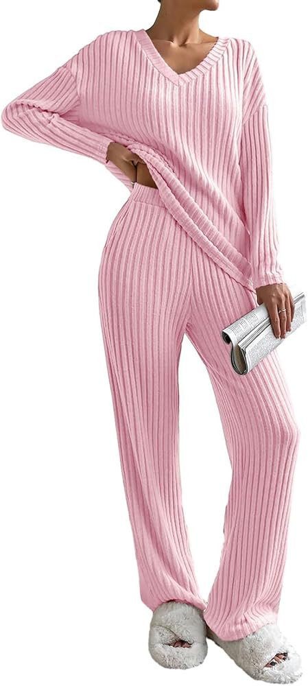 SHEWIN Women's Pajama Sets Long Sleeve Short Sleeve 2 Piece Lounge Sets Ribbed Knit Sweater Sleep... | Amazon (US)