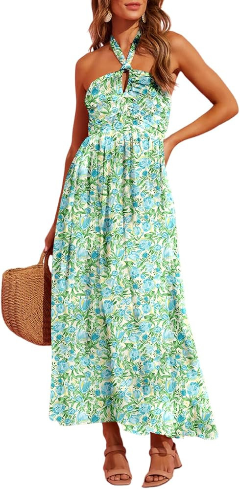 Dokotoo Women's Summer Dresses Halter Neck Sleeveless Backless Flowy A Line Boho Maxi Dress | Amazon (US)