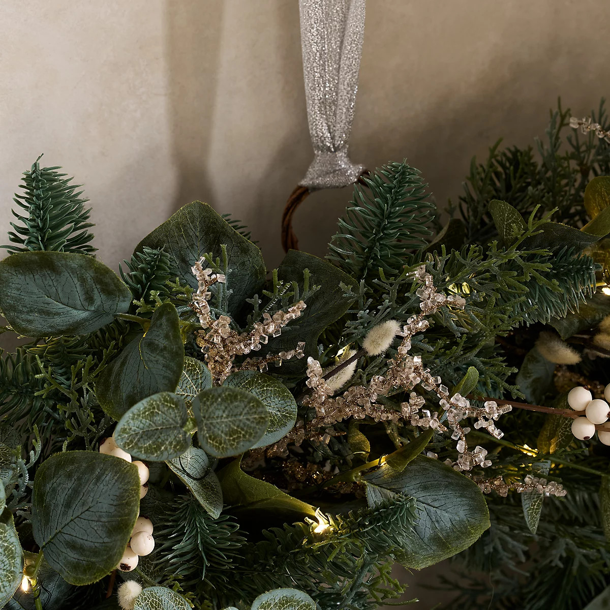 65cm Pre-Lit Frosted Eucalyptus Wreath | The White Company UK & ROW