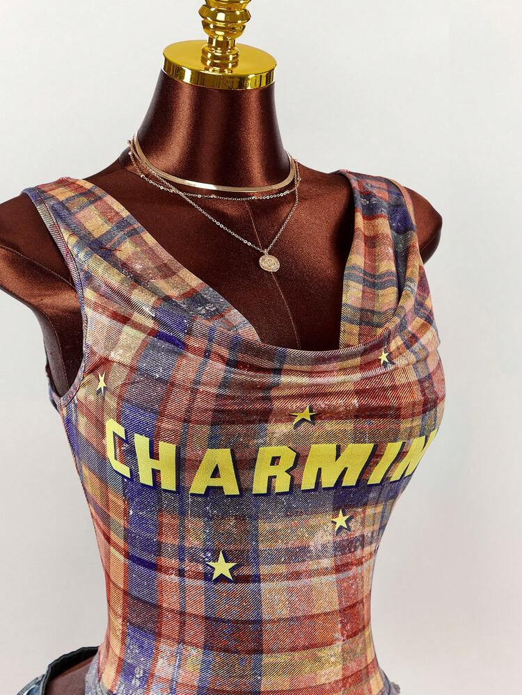 Amplova Y2K Women's Distressed Plaid Scoop Neck Tight Fitting Top, Sexy & For Everyday Wear Clubbing Tops Y2k Women Tops Summer Tops Y2k Y2k Plaid Top Christmas For Women New Year Dress,Tank Top | SHEIN