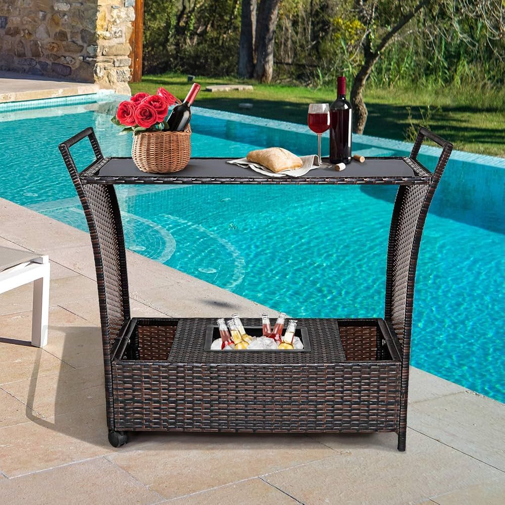 Tangkula Outdoor Wicker Bar Cart, Patio Wine Serving Cart w/Wheels & Removable Ice Bucket, Rollin... | Amazon (CA)