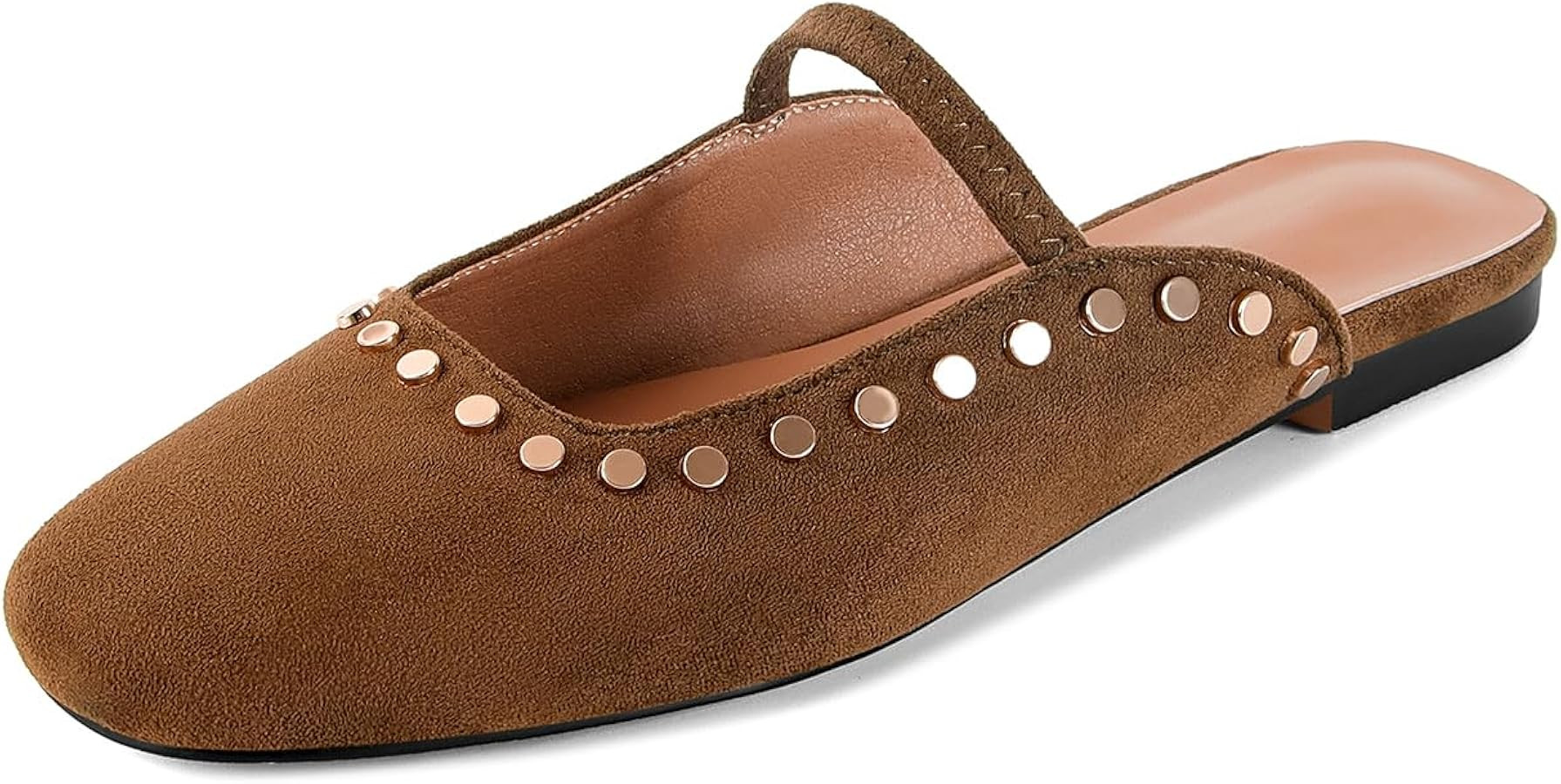 Flat Mules for Women Closed Square Toe Studded Suede Mary Jane Flats Sandals Slip On Dressy Casua... | Amazon (US)